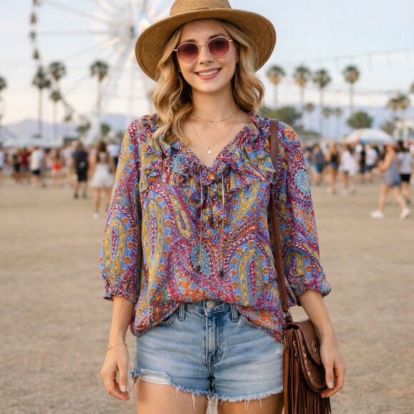 Lauren Ralph Lauren Tops - Lauren Ralph Lauren Boho Paisley Blouse Small Petite Ruffle Cottage Festival Top